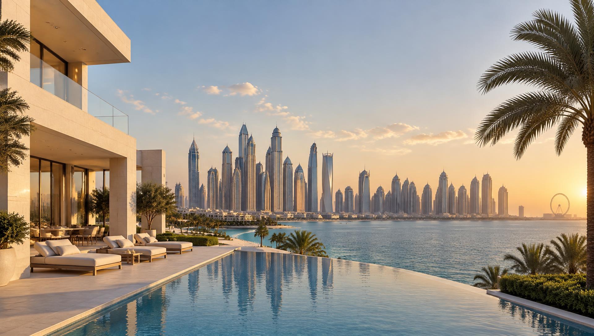 A waterfront Dubai villa with an infinity pool overlooking the Marina skyline at golden hour