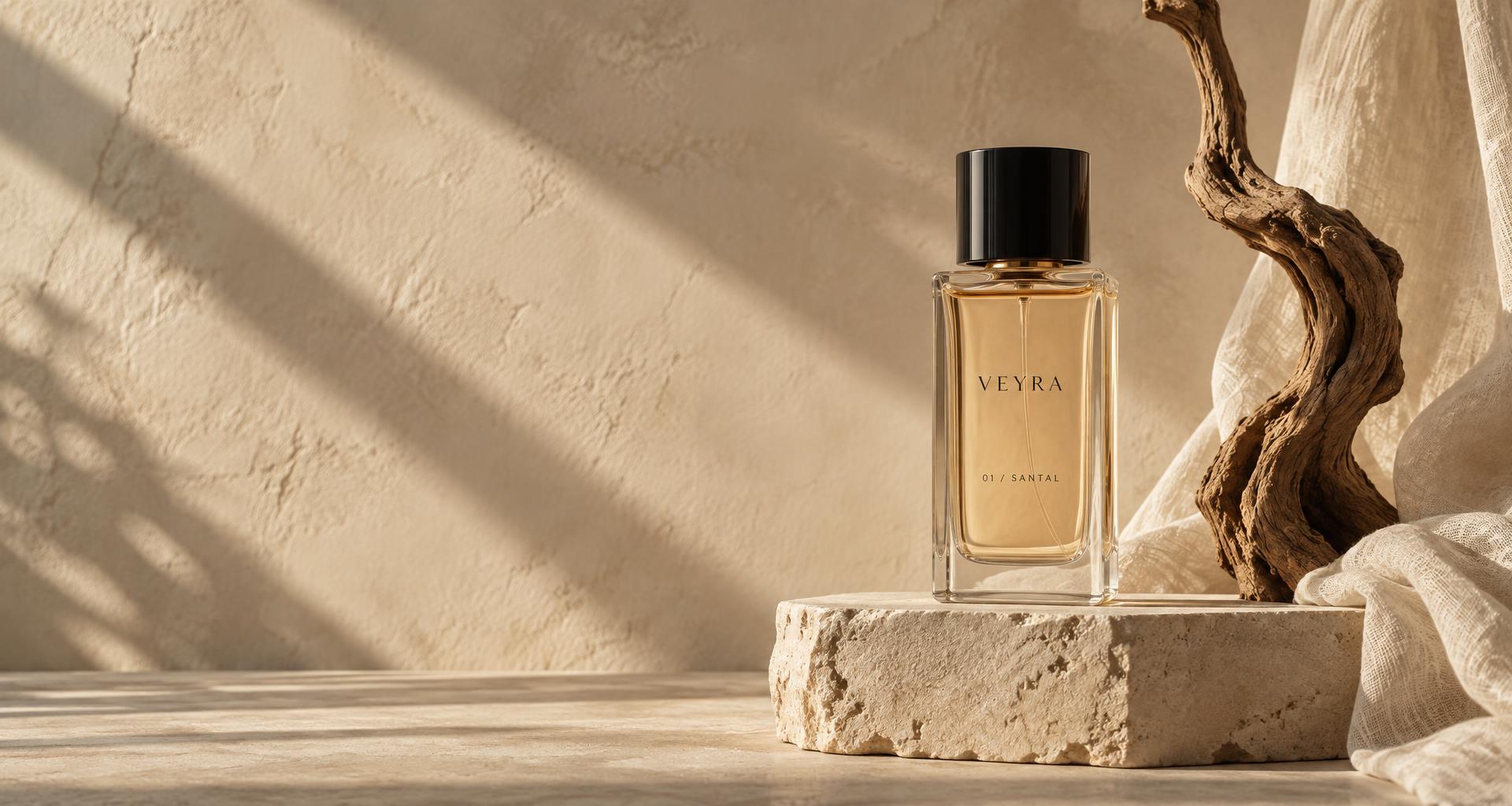 VEYRA Santal perfume on sunlit stone beside sculptural wood and linen